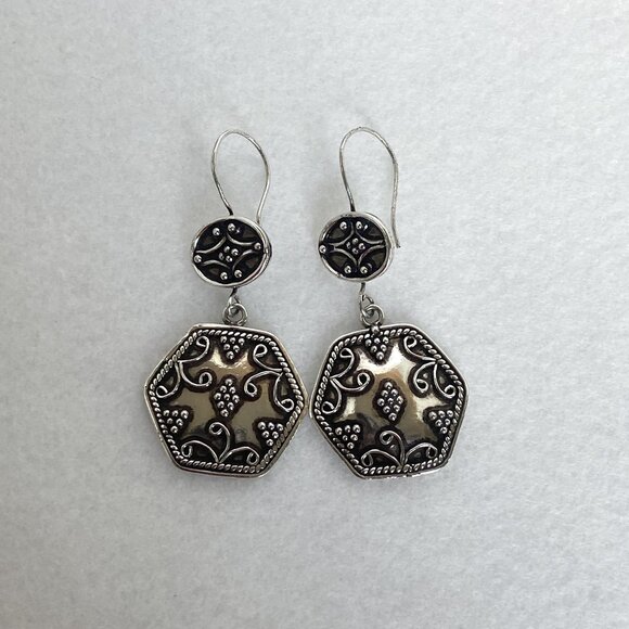 VTG Sterling Silver 925 Etruscan Moroccan Style Hexagonal Drop Dangle Earrings - Picture 5 of 16